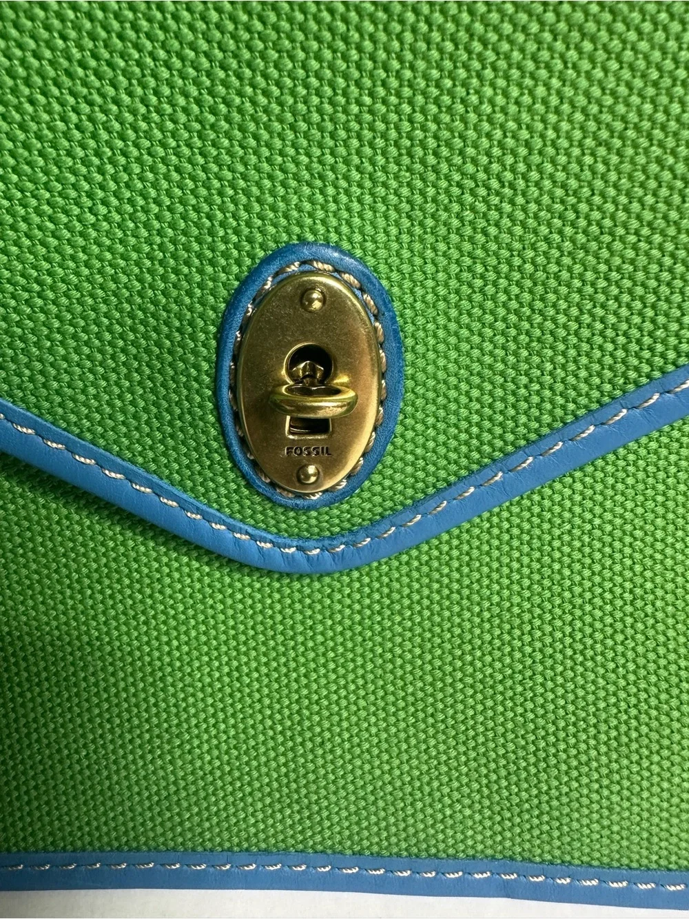 Fossil Green Canvas Wristlet Clutch with Blue Trim